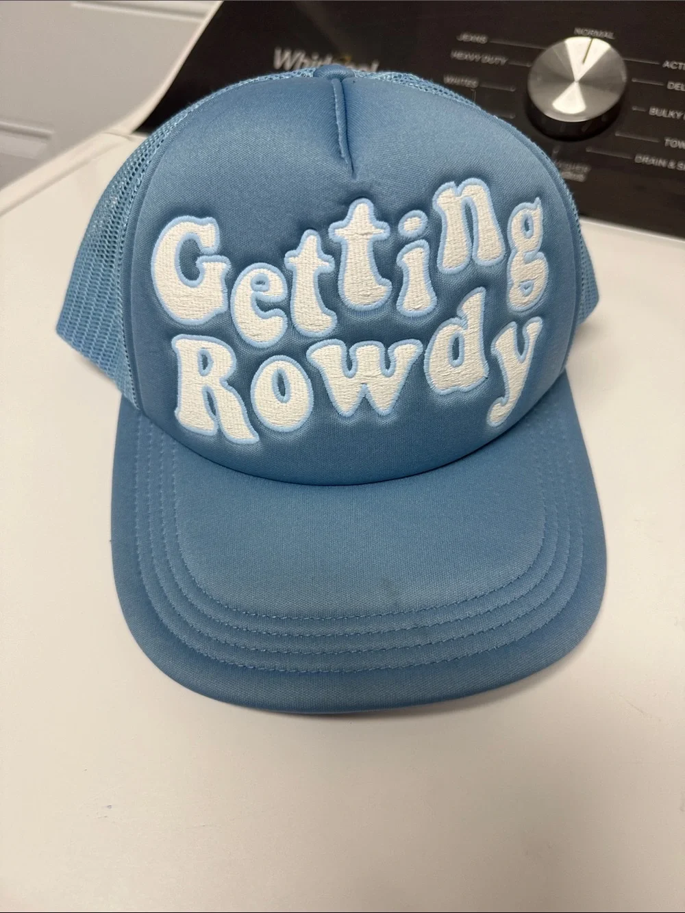 Getting Rowdy Blue Trucker Hat with White Patch Lettering NEW - NEVER WORN